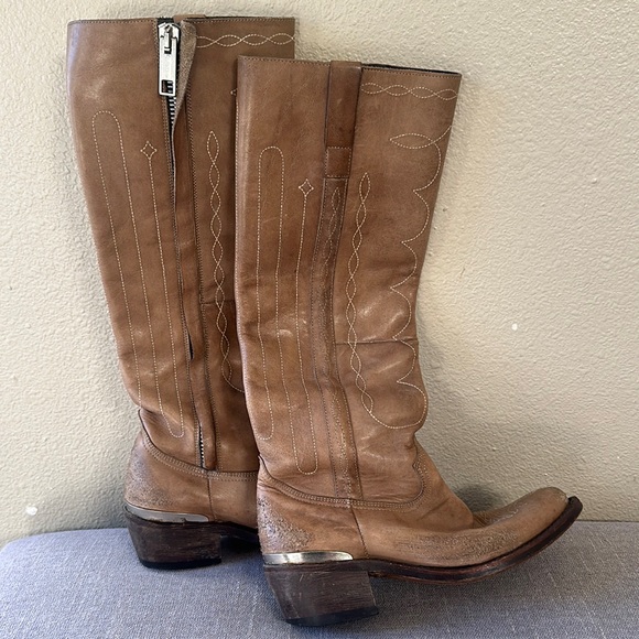 RARE Golden Goose Tan Distressed Side Zip Leather Western Riding Boots Size 36 - Picture 2 of 13